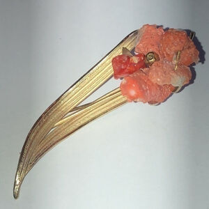 Vintage Gold Tone & Coral Floral Brooch Shoulder Pin